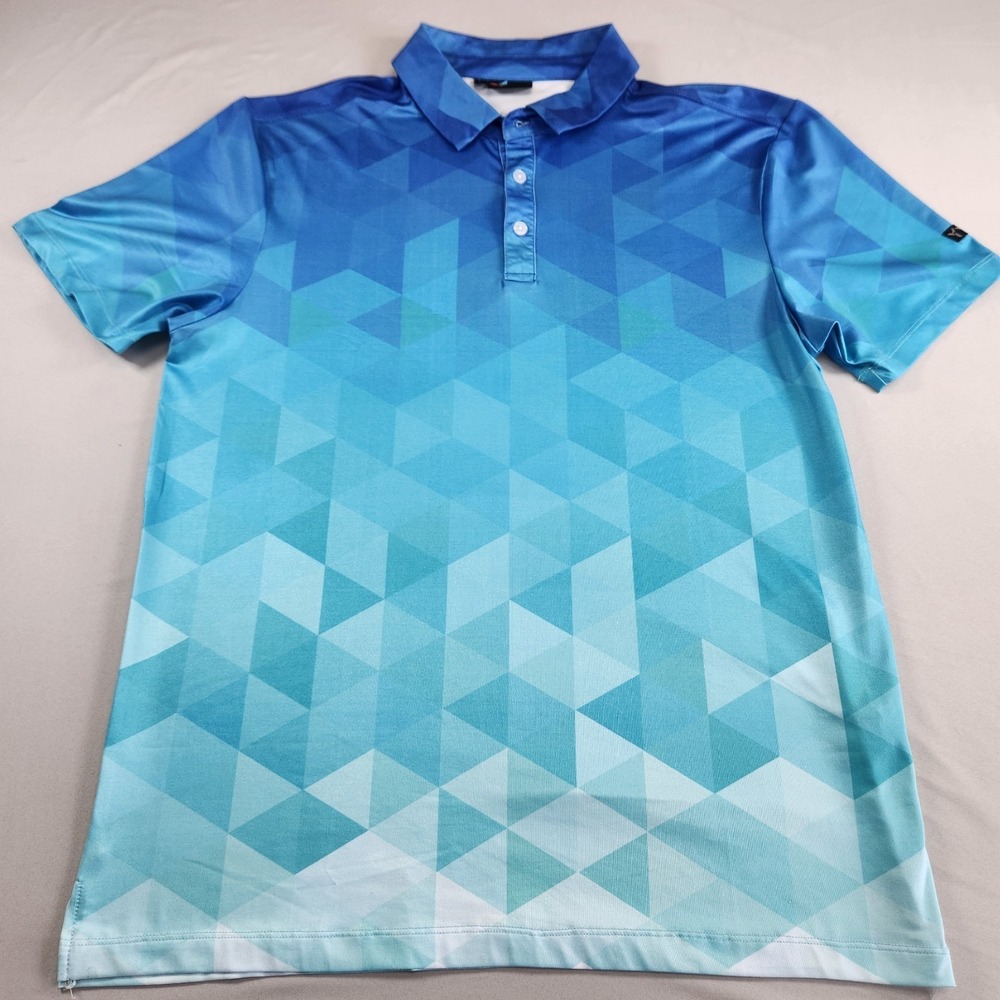 Yatta Golf Polo Shirt Mens Medium Blue Geometric Loud Performance Stretch Logo